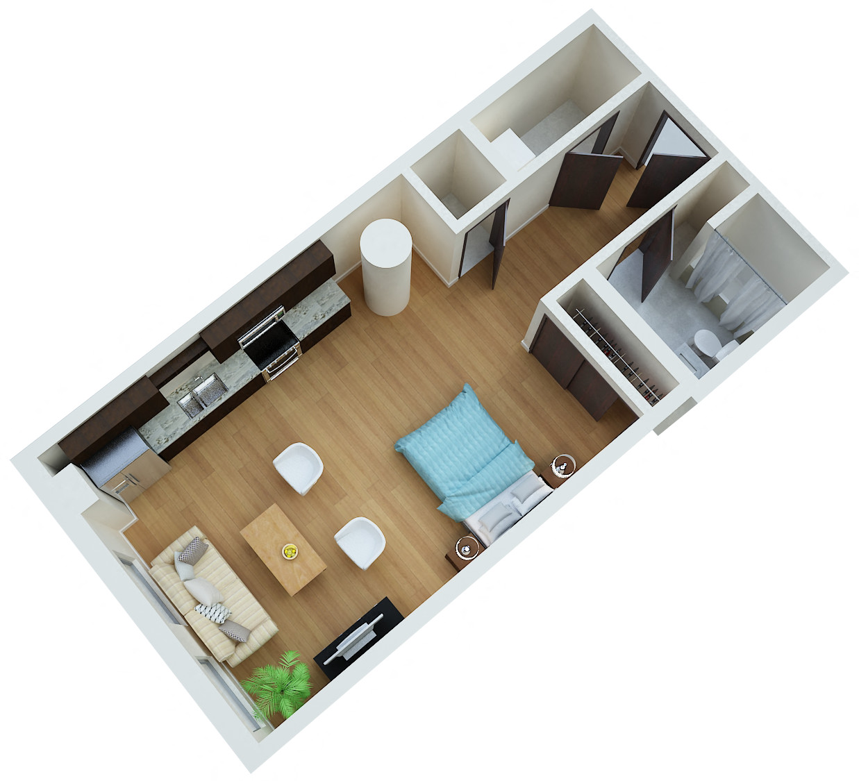 Floor plan for studio, 1 bath, 599 sqft